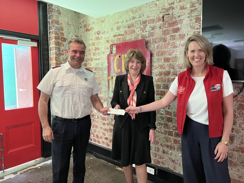 Alison Watts, HOBAN Recruitment CEO handing cheque to Brendan Nottle and Tameka Buckley from The Salvation Army. 